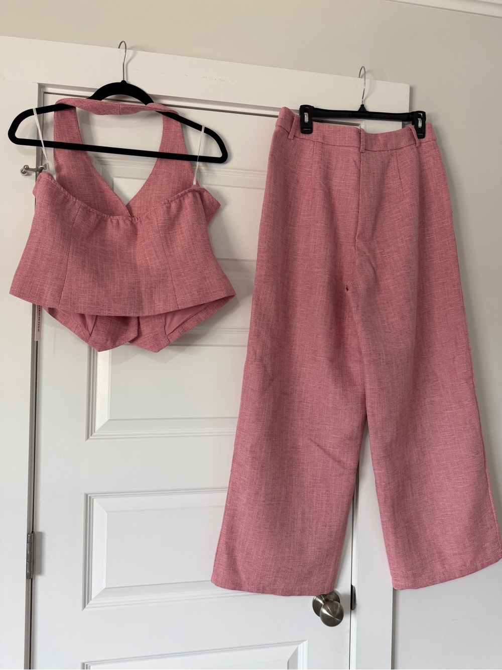 Commense Pink Textured Halter Vest And Wide Leg Trousers Set - Picture 5 of 6